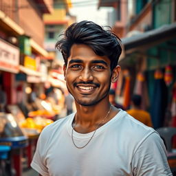 A Bengali man wearing a white t-shirt, standing confidently with a warm smile