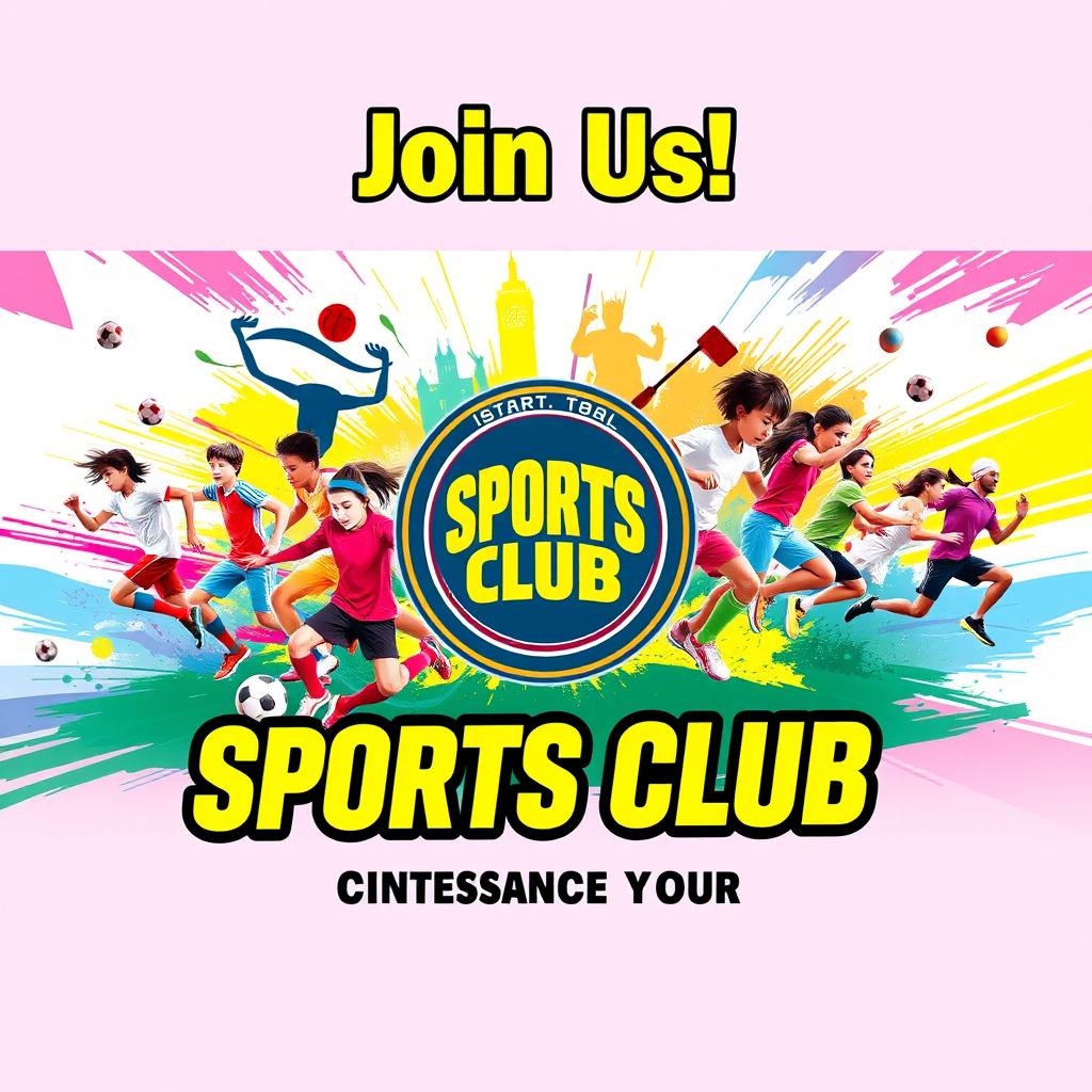 An energetic and vibrant sports club banner featuring a diverse group of athletes engaged in various sports activities, such as soccer, basketball, swimming, and running