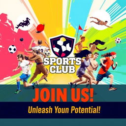 An energetic and vibrant sports club banner featuring a diverse group of athletes engaged in various sports activities, such as soccer, basketball, swimming, and running