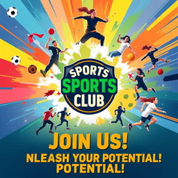An energetic and vibrant sports club banner featuring a diverse group of athletes engaged in various sports activities, such as soccer, basketball, swimming, and running