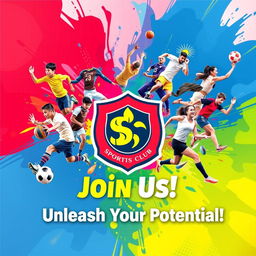 An energetic and vibrant sports club banner featuring a diverse group of athletes engaged in various sports activities, such as soccer, basketball, swimming, and running