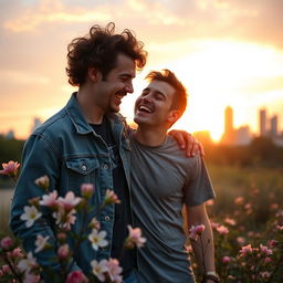 A romantic scene depicting a young bisexual couple, both young men with stylish outfits, sharing a tender moment in an urban park during sunset