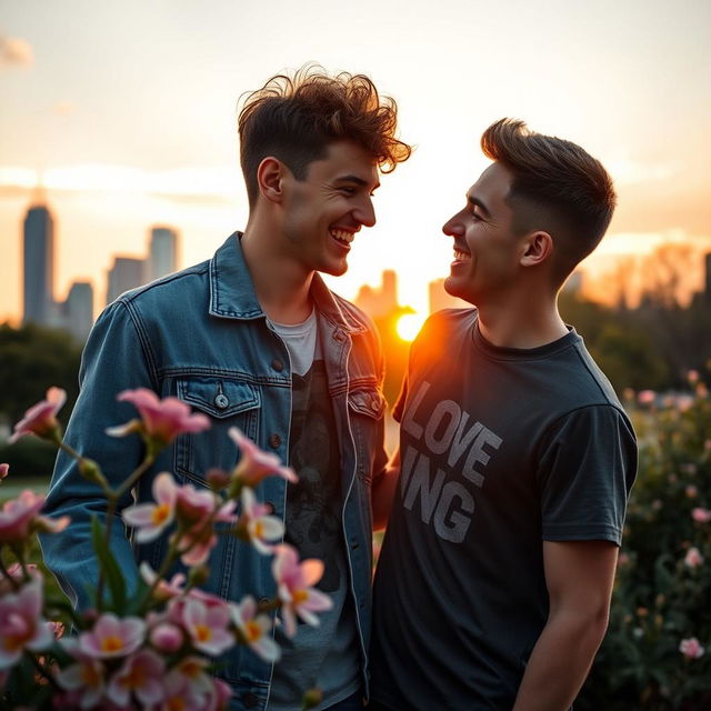 A romantic scene depicting a young bisexual couple, both young men with stylish outfits, sharing a tender moment in an urban park during sunset