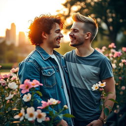 A romantic scene depicting a young bisexual couple, both young men with stylish outfits, sharing a tender moment in an urban park during sunset
