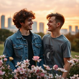 A romantic scene depicting a young bisexual couple, both young men with stylish outfits, sharing a tender moment in an urban park during sunset