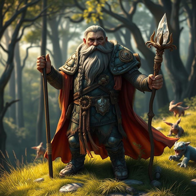 A hill dwarf sorcerer clad in intricately designed turtle shell armor, standing confidently atop a grassy hill with a mystical forest in the background