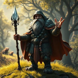 A hill dwarf sorcerer clad in intricately designed turtle shell armor, standing confidently atop a grassy hill with a mystical forest in the background