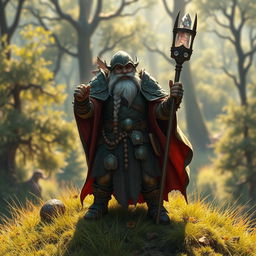 A hill dwarf sorcerer clad in intricately designed turtle shell armor, standing confidently atop a grassy hill with a mystical forest in the background