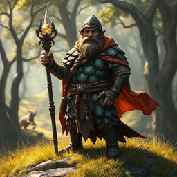 A hill dwarf sorcerer clad in intricately designed turtle shell armor, standing confidently atop a grassy hill with a mystical forest in the background