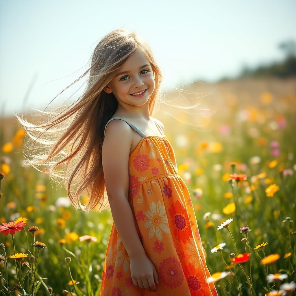 A beautiful girl with long flowing hair, wearing a vibrant sundress