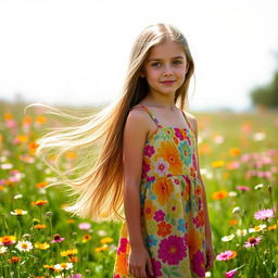 A beautiful girl with long flowing hair, wearing a vibrant sundress
