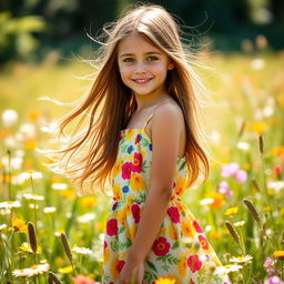 A beautiful girl with long flowing hair, wearing a vibrant sundress
