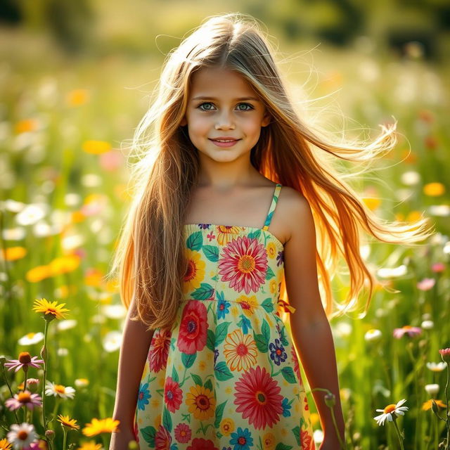 A beautiful girl with long flowing hair, wearing a vibrant sundress