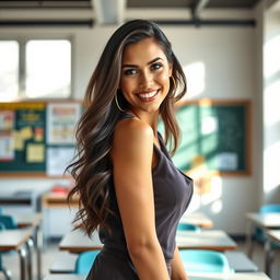 A stunning, confident female teacher in a modern classroom