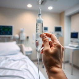 A detailed scene of a hospital room with a hospital bed in the background
