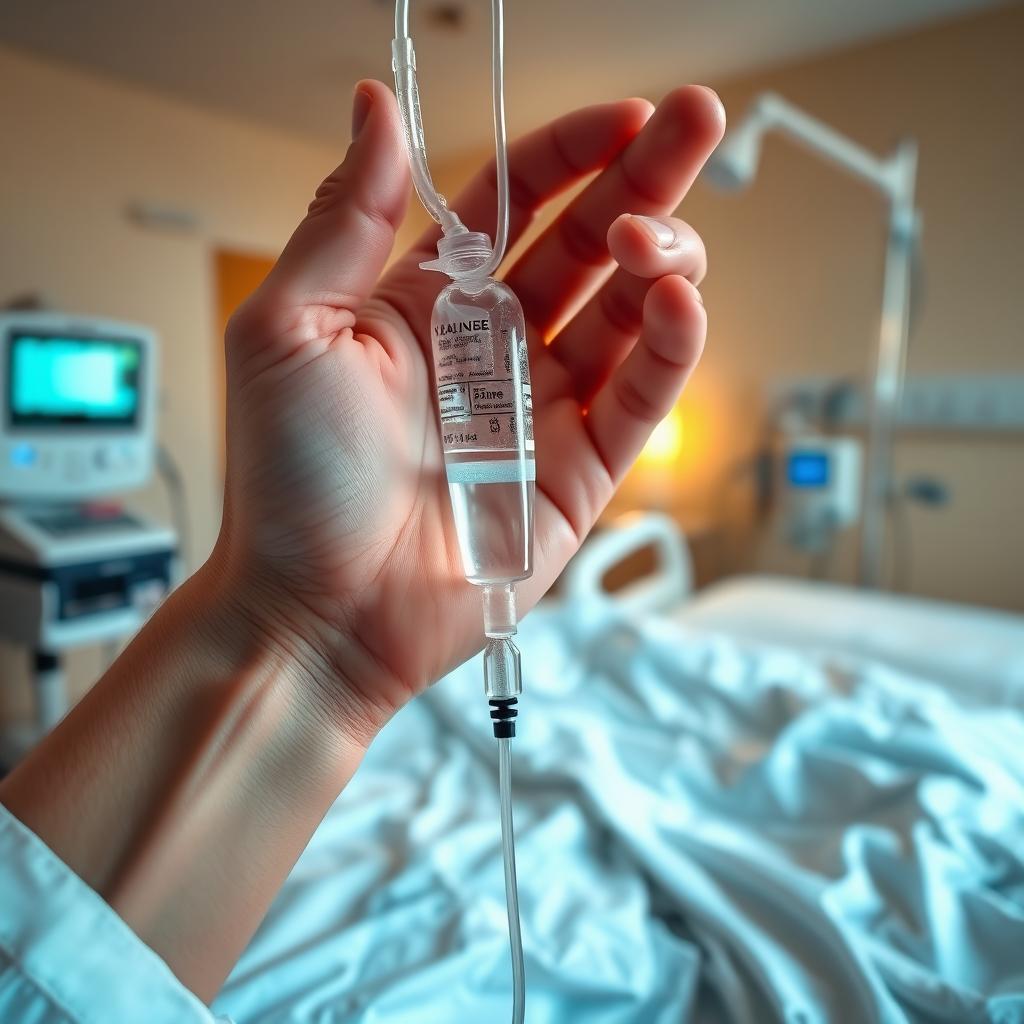 A detailed scene of a hospital room with a hospital bed in the background