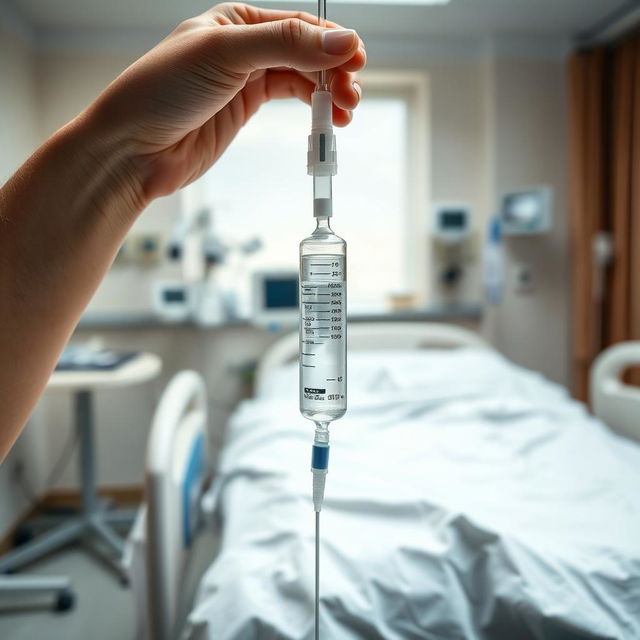 A detailed scene of a hospital room with a hospital bed in the background