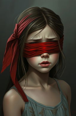 A digital painting depicting a girl with a blindfold made of red cloth, symbolizing the struggles and pain of life