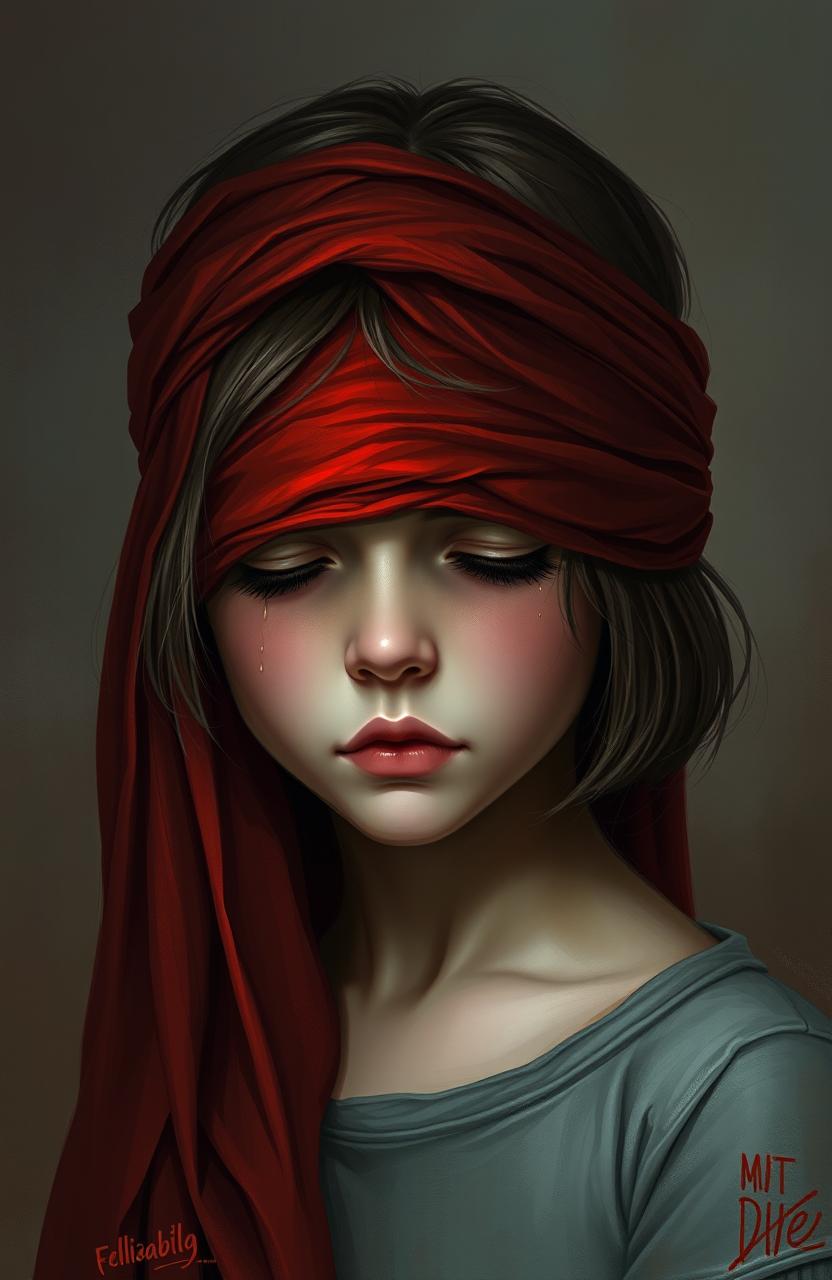 A digital painting depicting a girl with a blindfold made of red cloth, symbolizing the struggles and pain of life