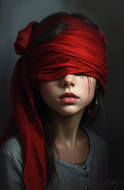 A digital painting depicting a girl with a blindfold made of red cloth, symbolizing the struggles and pain of life