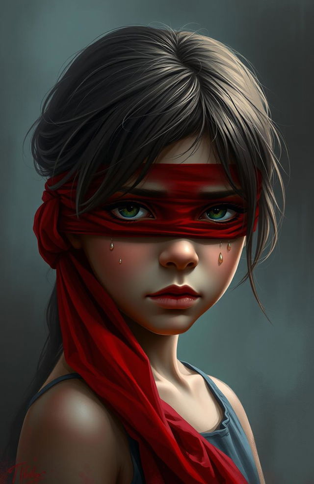 A digital painting depicting a girl with a blindfold made of red cloth, symbolizing the struggles and pain of life