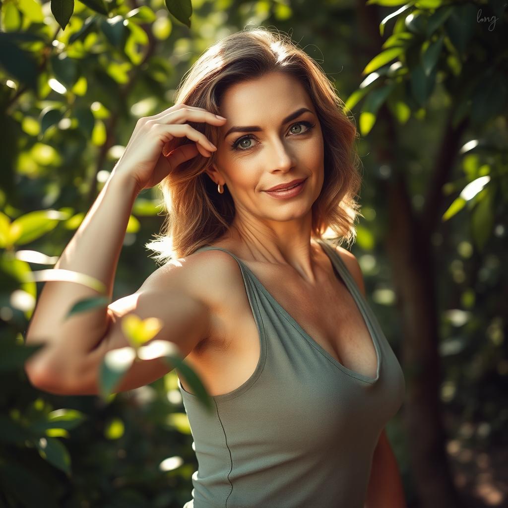 A beautiful woman in her 40s, posing elegantly in a serene nature setting, surrounded by lush greenery and soft sunlight filtering through the leaves