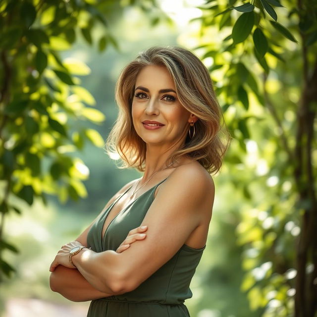 A beautiful woman in her 40s, posing elegantly in a serene nature setting, surrounded by lush greenery and soft sunlight filtering through the leaves