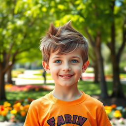 A charming young boy with bright brown hair styled in a trendy, short, spiky hairstyle