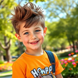 A charming young boy with bright brown hair styled in a trendy, short, spiky hairstyle