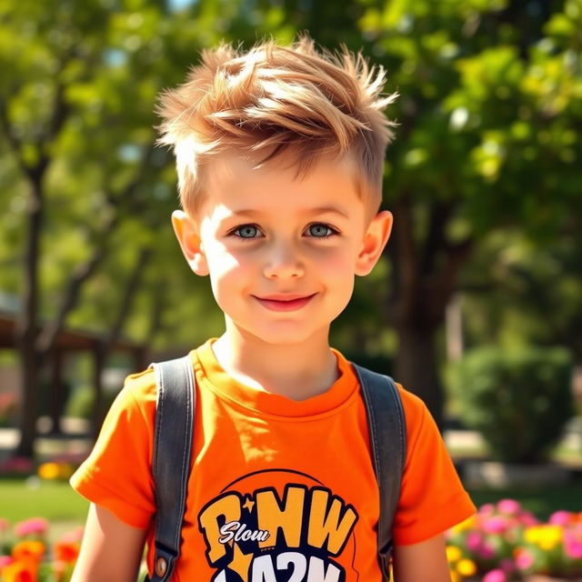 A charming young boy with bright brown hair styled in a trendy, short, spiky hairstyle