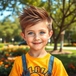 A charming young boy with bright brown hair styled in a trendy, short, spiky hairstyle
