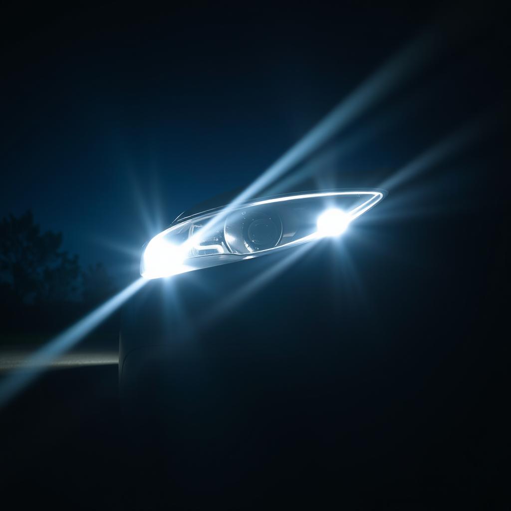 A close-up view of a car with its headlights turned on extremely bright, illuminating the surroundings at night