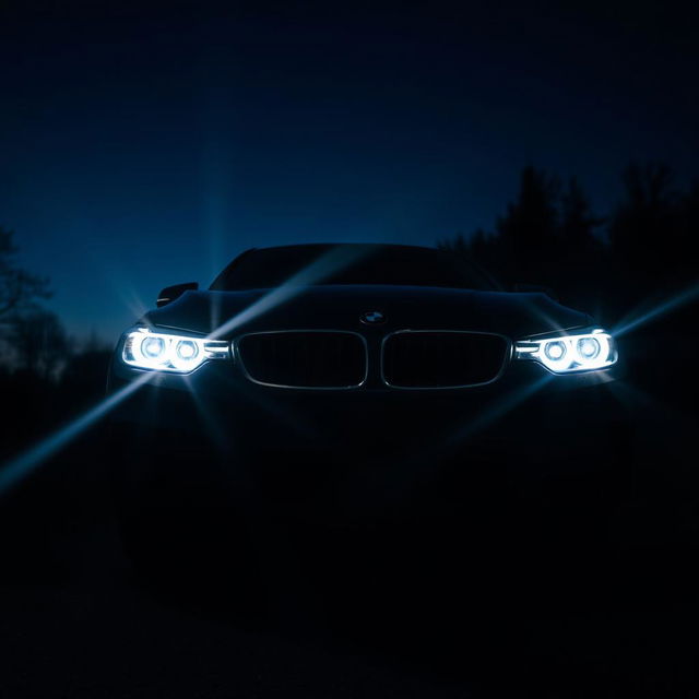 A close-up view of a car with its headlights turned on extremely bright, illuminating the surroundings at night