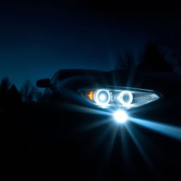A close-up view of a car with its headlights turned on extremely bright, illuminating the surroundings at night