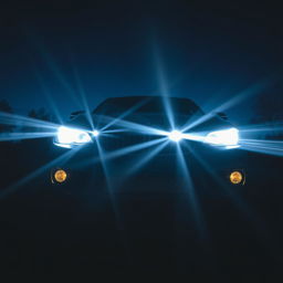 A close-up view of a car with its headlights turned on extremely bright, illuminating the surroundings at night