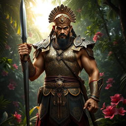 A fierce Malay warrior standing proudly with a traditional keris (dagger) in hand, wearing ornate armor made of intricate gold and silver designs, showcasing detailed cultural patterns