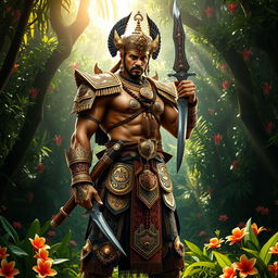 A fierce Malay warrior standing proudly with a traditional keris (dagger) in hand, wearing ornate armor made of intricate gold and silver designs, showcasing detailed cultural patterns
