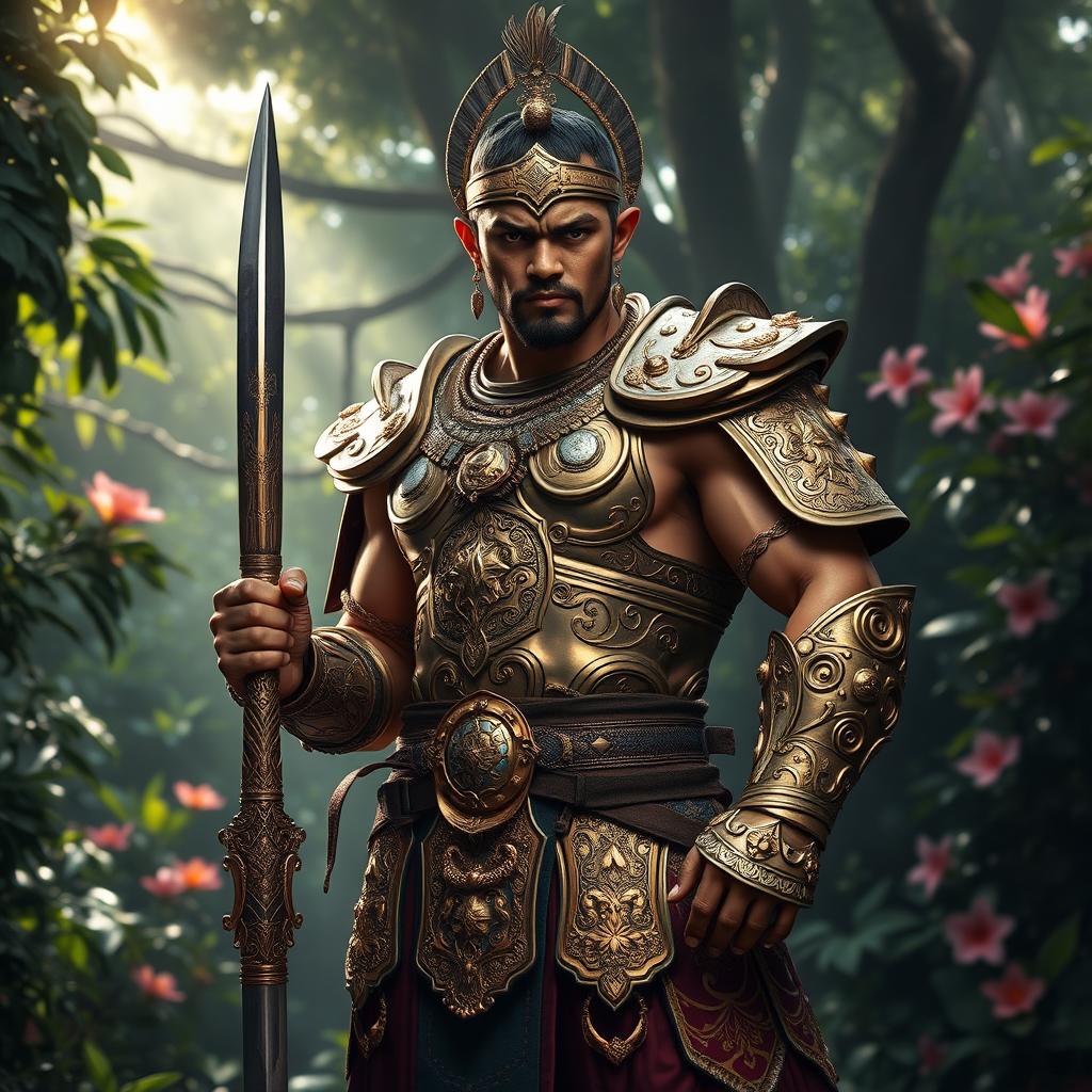 A fierce Malay warrior standing proudly with a traditional keris (dagger) in hand, wearing ornate armor made of intricate gold and silver designs, showcasing detailed cultural patterns