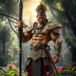 A fierce Malay warrior standing proudly with a traditional keris (dagger) in hand, wearing ornate armor made of intricate gold and silver designs, showcasing detailed cultural patterns