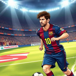 A detailed illustration of Lionel Messi, showing him in action on a soccer field