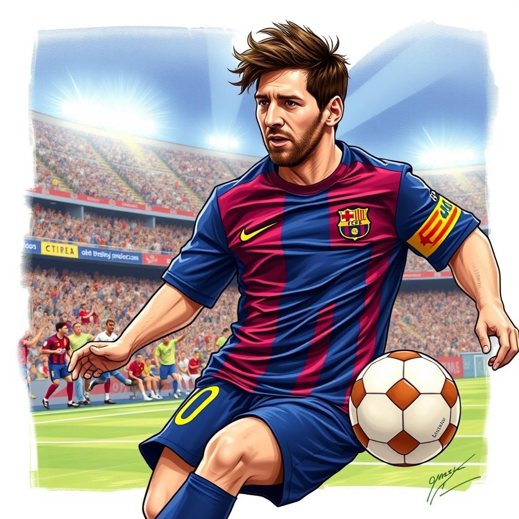 A detailed illustration of Lionel Messi, showing him in action on a soccer field