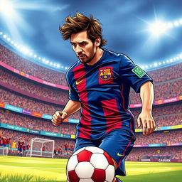 A detailed illustration of Lionel Messi, showing him in action on a soccer field
