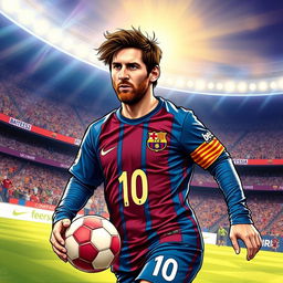 A detailed illustration of Lionel Messi, showing him in action on a soccer field