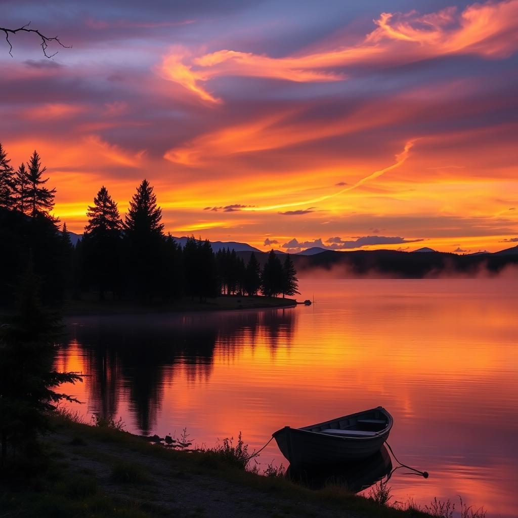 A serene and vibrant landscape depicting a beautiful twilight scene at a tranquil lake, the sky painted in warm oranges and deep purples as the sun sets on the horizon