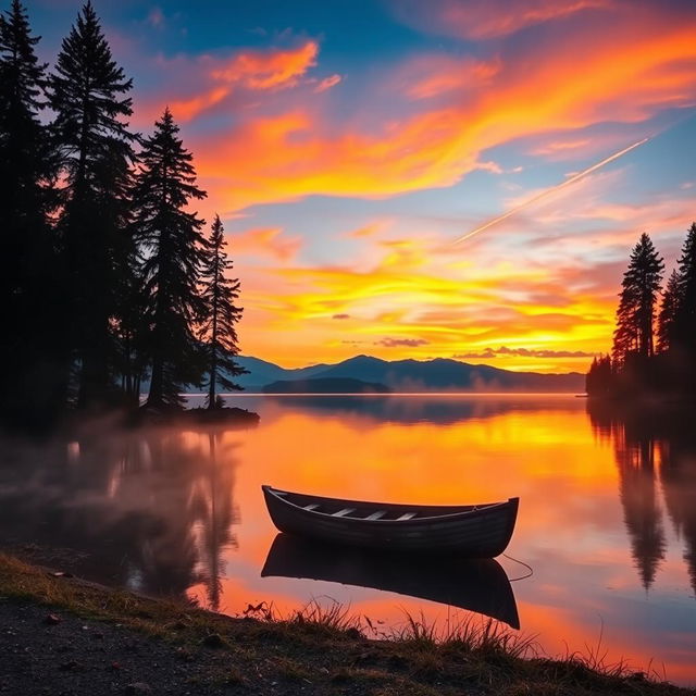 A serene and vibrant landscape depicting a beautiful twilight scene at a tranquil lake, the sky painted in warm oranges and deep purples as the sun sets on the horizon