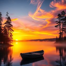 A serene and vibrant landscape depicting a beautiful twilight scene at a tranquil lake, the sky painted in warm oranges and deep purples as the sun sets on the horizon