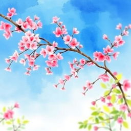 A serene watercolor painting of a cherry blossom tree in full bloom, showcasing vibrant pink blossoms against a clear blue sky