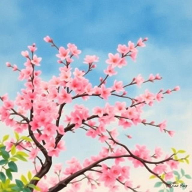 A serene watercolor painting of a cherry blossom tree in full bloom, showcasing vibrant pink blossoms against a clear blue sky