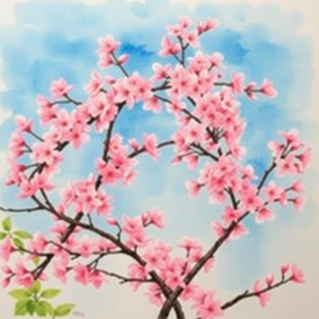 A serene watercolor painting of a cherry blossom tree in full bloom, showcasing vibrant pink blossoms against a clear blue sky