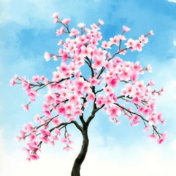 A serene watercolor painting of a cherry blossom tree in full bloom, showcasing vibrant pink blossoms against a clear blue sky